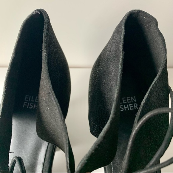 EILEEN FISHER Ann Ankle Tie Sandal black leather stacked block heel 9 1/2 - Picture 7 of 11
